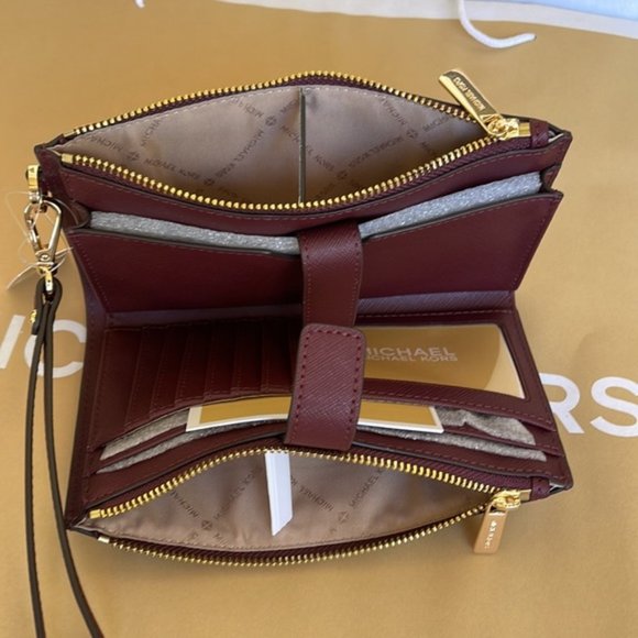 Michael Kors Jet Set Travel Large Double Zip Wristlet Wallet Merlot Leather - Picture 14 of 16